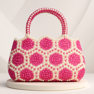 Pink & White Pearl Beaded Handbag – Handmade Crystal Bead Purse for Women