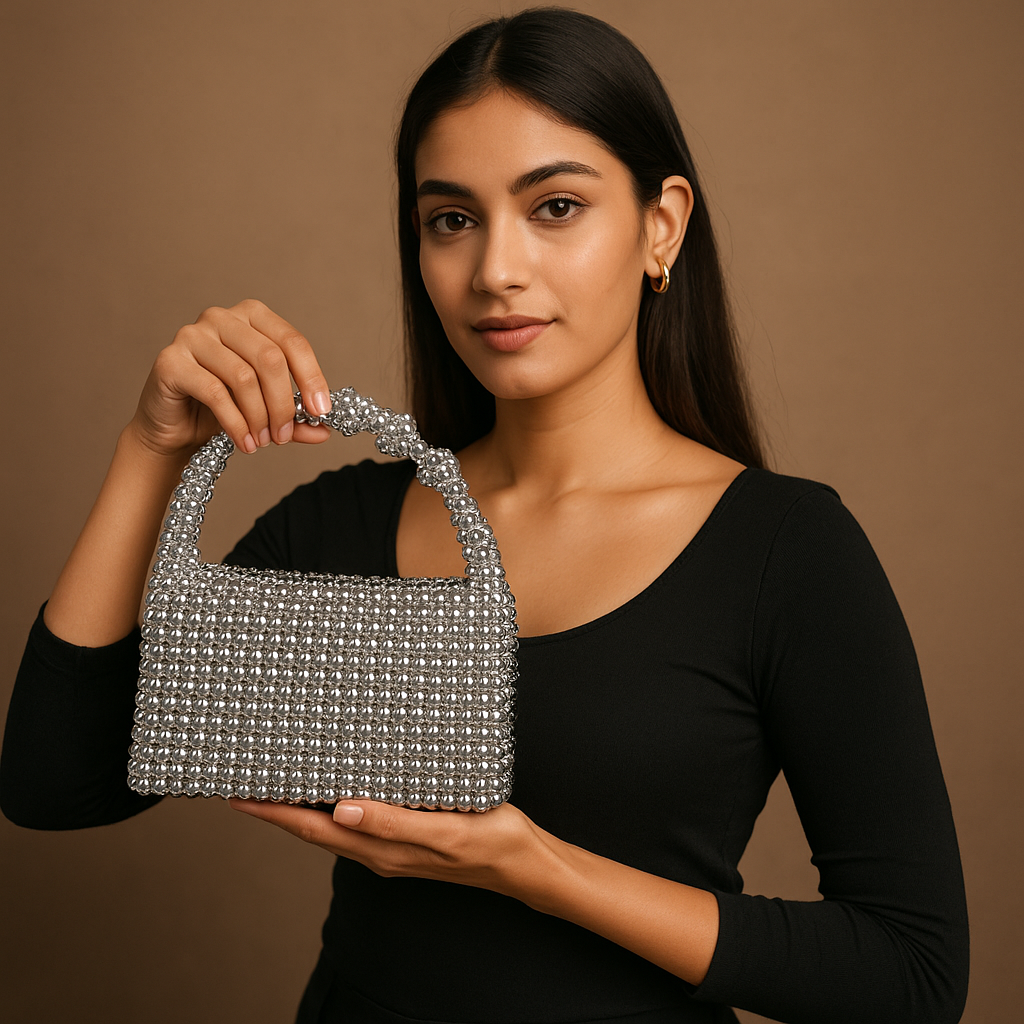Luxury Handmade Silver Beaded Handbag – Premium Crystal Bead Purse for Parties, Weddings & Special Events - Image 3