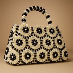 Luxury Handmade Black & White Pearl Beaded Handbag – Elegant Party, Wedding & Festive Purse for Women
