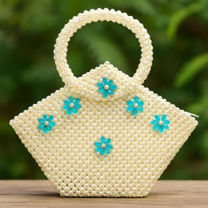Luxury Handmade Blue Floral Pearl Beaded Handbag – Elegant Wedding, Party & Festive Purse for Women