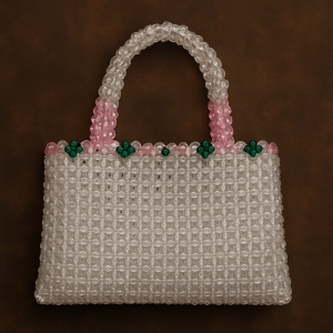 Handcrafted Crystal Beaded Designer Handbag for Women – Elegant Transparent Purse with Pink Handle & Green Floral Beads