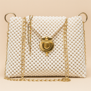 Premium Pearl Beaded Handbag for Women – Luxury White Bead Purse with Golden Chain & Lock