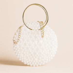 Luxury Handmade Round Beaded Bag – White Crystal Purse with Gold Metal Handle