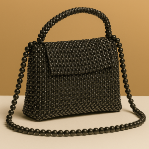 Premium Handmade Black Beaded Handbag for Women – Elegant Crystal Bead Purse with Handle & Long Beaded Strap | Partywear, Wedding & Evening Bag