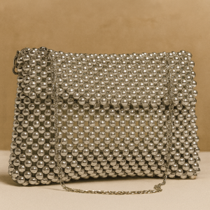 Luxury Handmade Silver Beaded Handbag for Women – Premium Crystal Bead Purse with Metal Chain | Party, Wedding & Evening Clutch