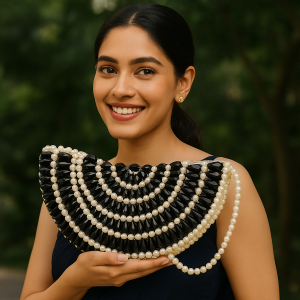 Luxury Handmade Half-Moon Pearl & Black Crystal Beaded Clutch for Women – Elegant Party, Wedding & Evening Shoulder Bag