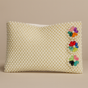 Luxury Handmade Pearl Beaded Clutch for Women – Designer White Pearl Purse with Multicolor Floral Accent | Party, Wedding & Festive Handbag
