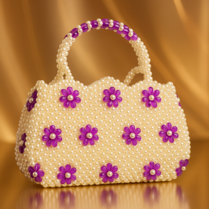 Luxury Handmade Pearl Beaded Handbag for Women – Designer White Pearl Purse with Purple Floral Embellishment | Party, Wedding & Festive Bag